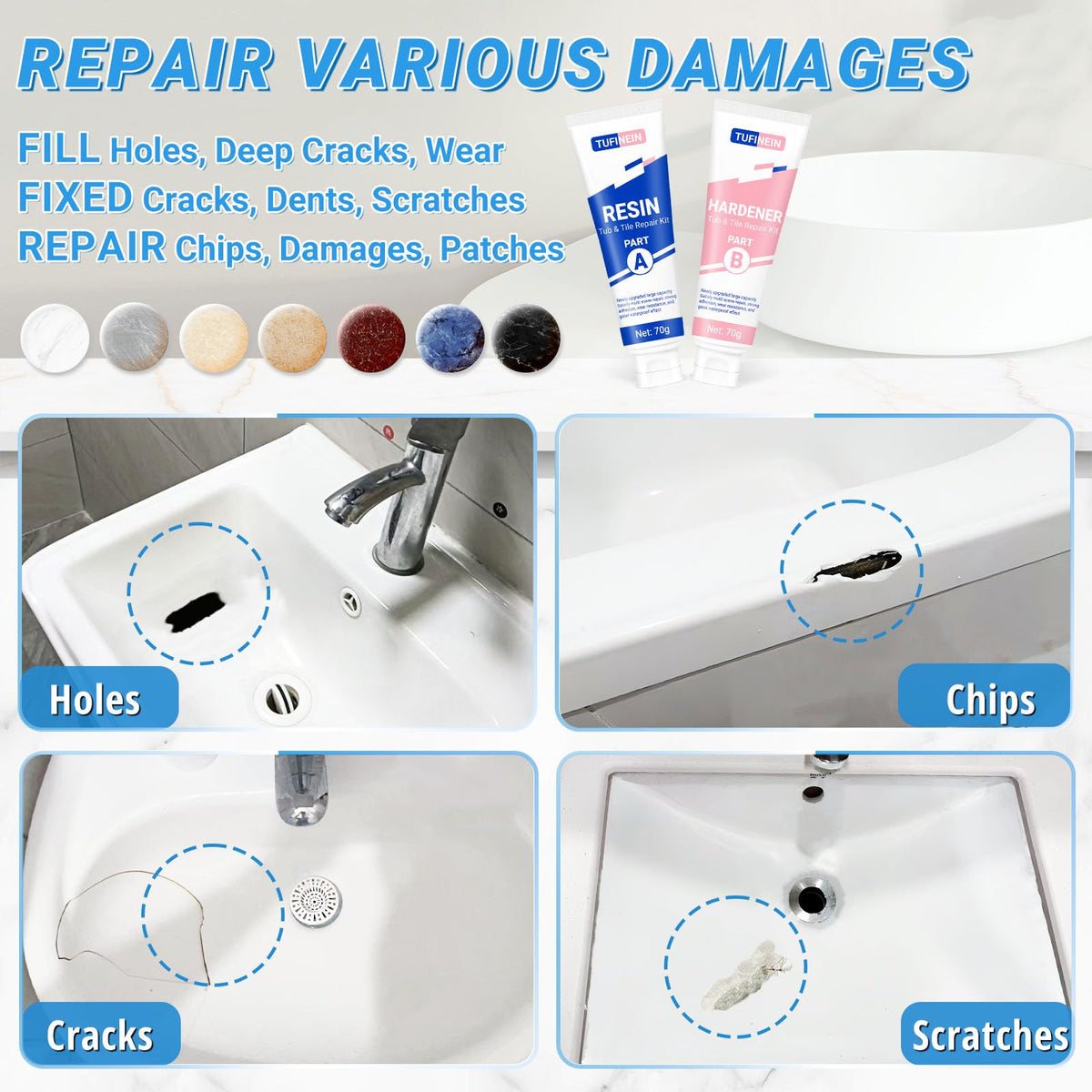 Bathtub Repair Kit 4.94oz (Color Match), TUFINEIN Porcelain Repair Kit for Fiberglass, Enamel, Ceramic, Acrylic Repair and Fix Chips, Cracks, Scratches, Holes on Tub/Tile/Sink/Shower Tray/Shower