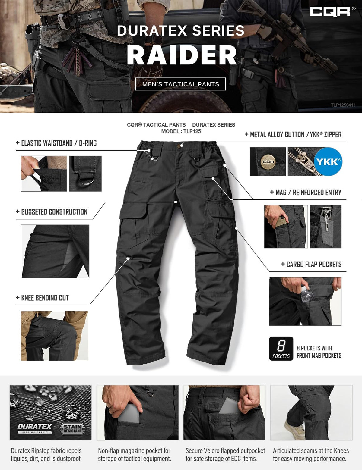 CQR Men's Tactical Pants, Water Resistant Ripstop Cargo Pants, Lightweight EDC Work Hiking Pants, Outdoor Apparel, Duratex Mag Pocket Black, 34W x 34L