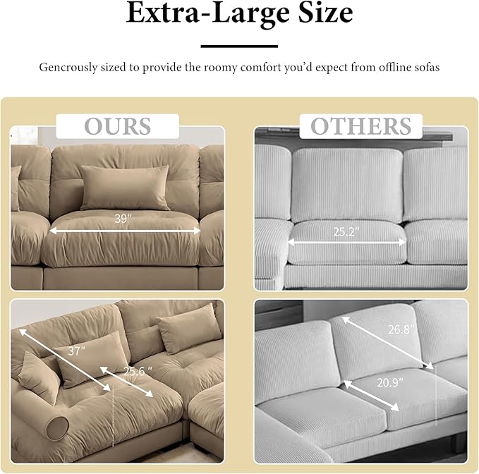 93.7" Loveseat Sofa, 2 Seater Modular Sectional Sofa, Camel Large U Shaped Sectional Couches for Living Room, Fluffy Couch, Love Seat, Velvet Cloud Couch with Ottoman, Deep Seat Sofas for Living Home