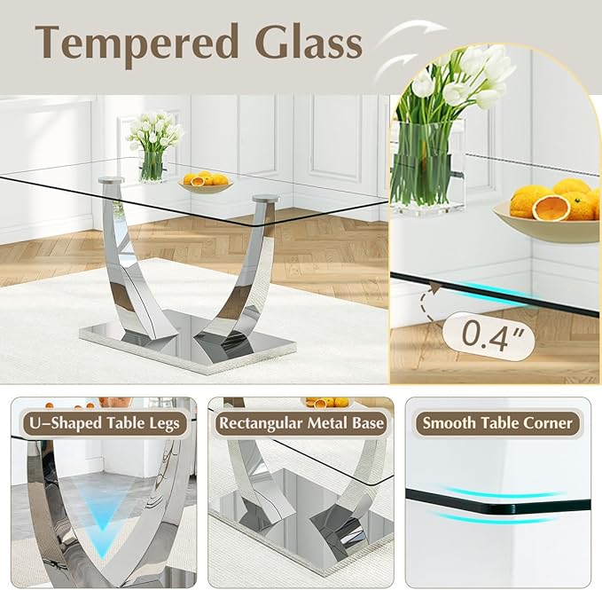 Glass Dining Room Table Set for 8,Kitchen Table Set with 8 PU Leather Chairs,71" Tempered Glass DiningTable Set with Silver U-Shaped Table Legs and Rectangular Base