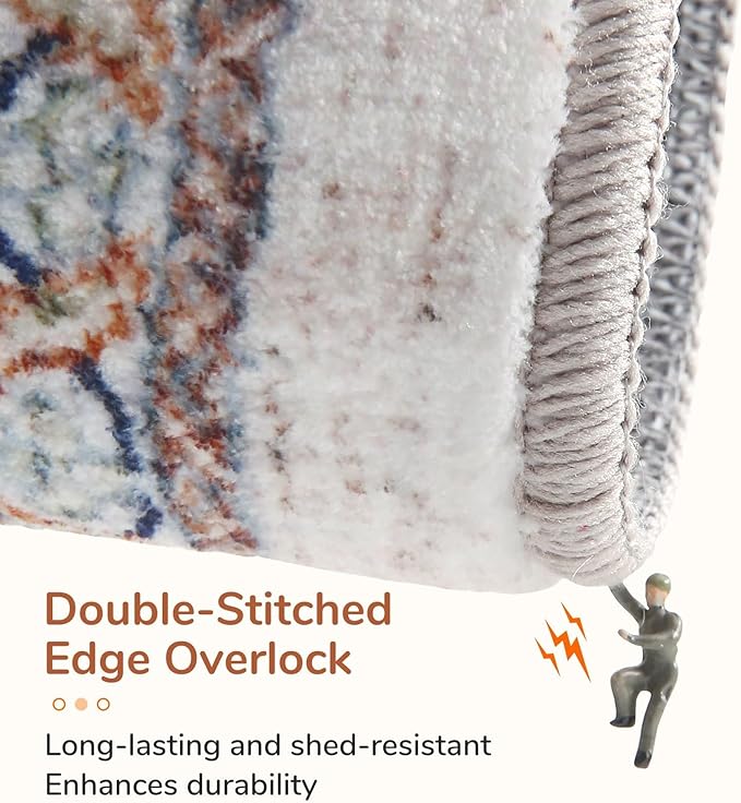 OPPODREAM Thin Neutral Area Rugs 9x12 Living Room, Washable Rugs 9x12 with Non Slip Backing, Faux Cashmere Low-Pile 9 x 12 Carpet, Cream White & Blue & Light Brown