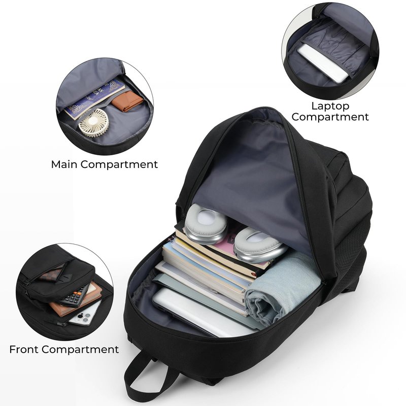 ZUBOND Unisex Black Backpack for School, Lightweight Boys Girls Backpack Fits 15.6 Inch Notebook, Water Bottle Pocket - Ideal for Teens, College Students, Adults
