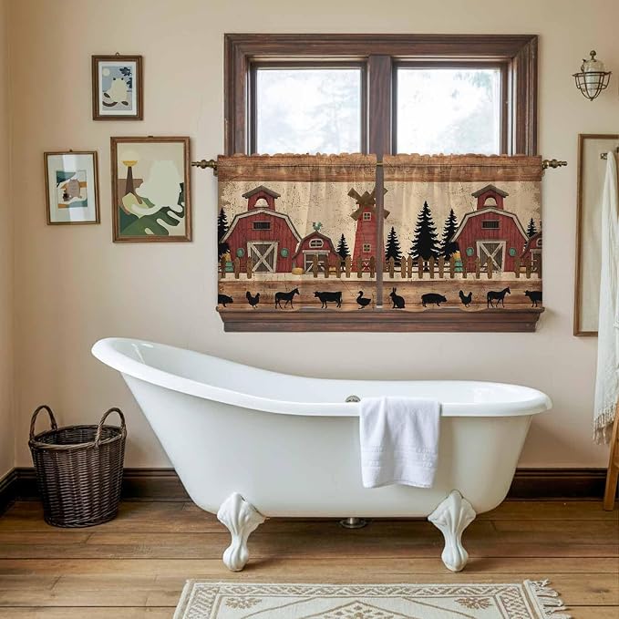 Brown Farmhouse Tier Curtains, Vintage Country Animals Wooden Grain Light
