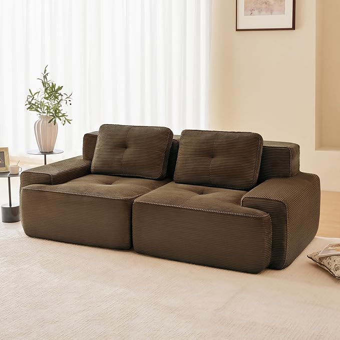 80" Modern Corduroy Boneless Love Seat Couches, 2 Seater Large Sectional Couches for Living Room, Brown Cloud Modular Sectional Sofa, Memory Foam, Extra Deep Loveseat, No Assembly