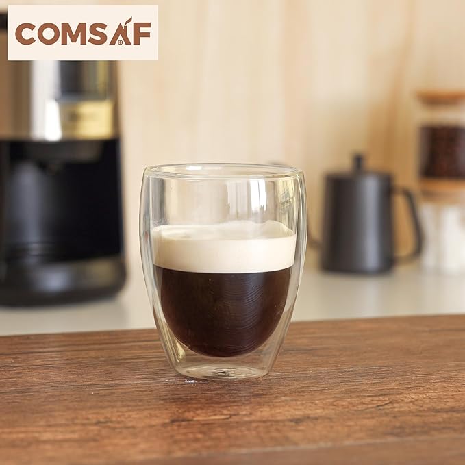 ComSaf glass coffee cups 12 oz, latte cup Set of 2, Double Walled Glass Coffee Mugs, clear coffee mug for Americano, Lungo, Mocha, Machiato,Cappuccino, Ideal Gift for Christmas, Birthday
