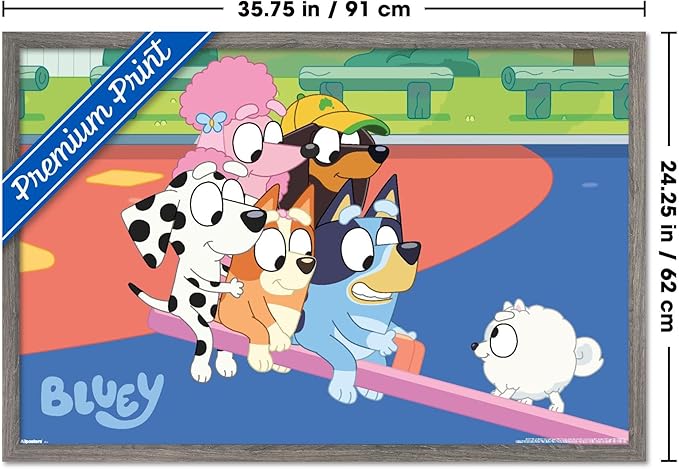 Bluey (2018) - Bluey and Friends See Saw Fun Wall Poster, 34L" x 22.4W", Barnwood Framed Version