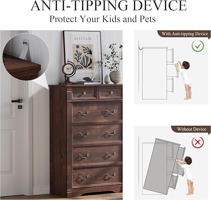 Walnut Dresser for Bedroom, Farmhouse 6 Chest of Drawers, 47" Tall 6 Drawer Dresser Storage with Wood Pilasters and Metal Handles, Vintage Design, Drawer Organizer for Bedroom, Hallway