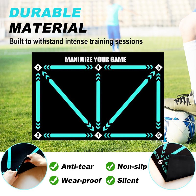 ECENUR Football Footstep Training Mat, Soccer Training Mat 35 * 24IN, Soccer Skills Training Equipment with Storage Bag and Soccer Return Trainer Net (Black-Blue)