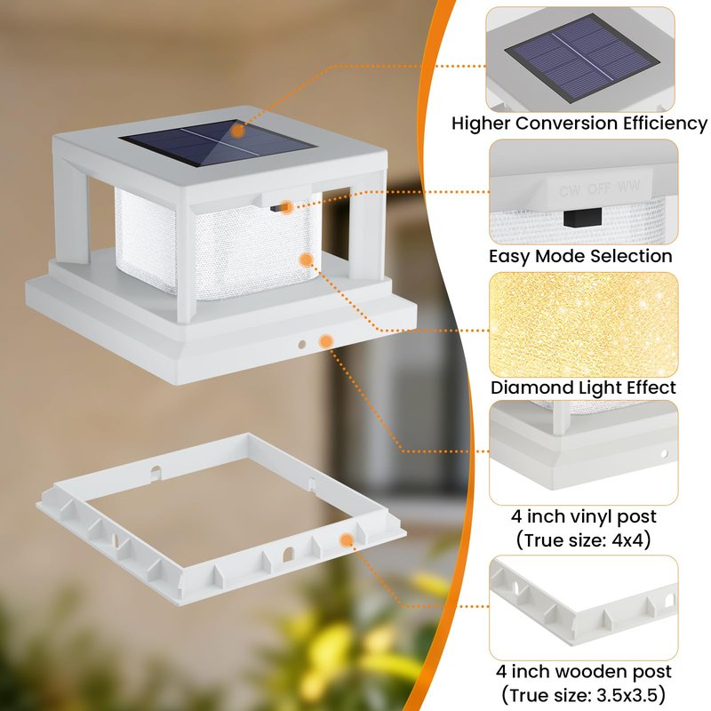 Mlambert 8 Pack Solar Post Lights Outdoor, 2 Modes LED Fence Cap Light for 4x4 Post, Waterproof Deck Light Patio Garden Decor, Warm/Cool White, White