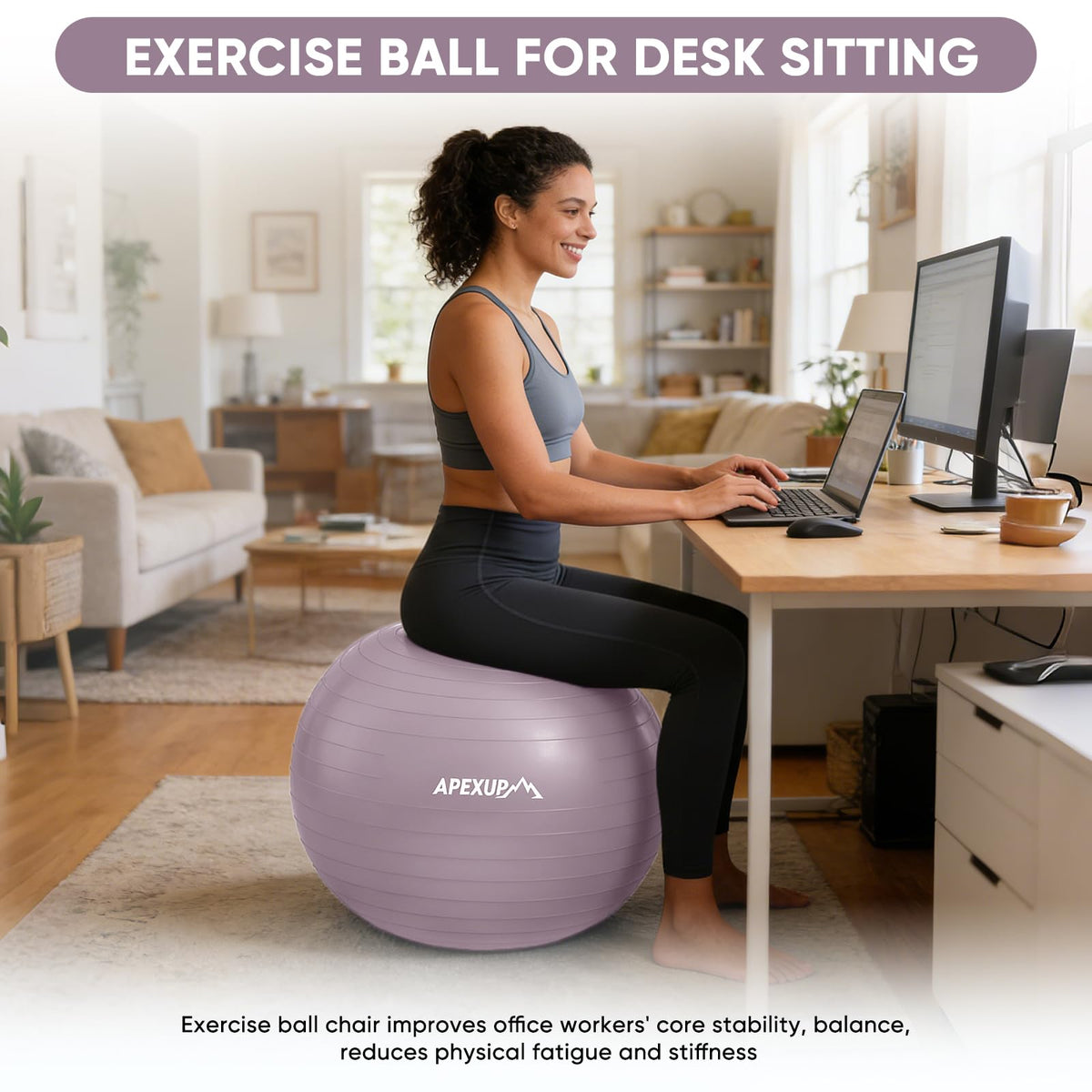 APEXUP Yoga Ball, 660 lbs Anti-Burst Exercise Ball with Pump, 5 Sizes (L (23"~26") 65cm, Mauve)
