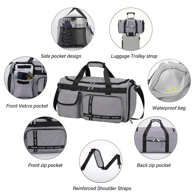 MAXTOP Travel Duffle Bag for Men Women Gym Bag with Shoes Compartment Waterproof Sports Weekend Overnight Travel Bag,Grey