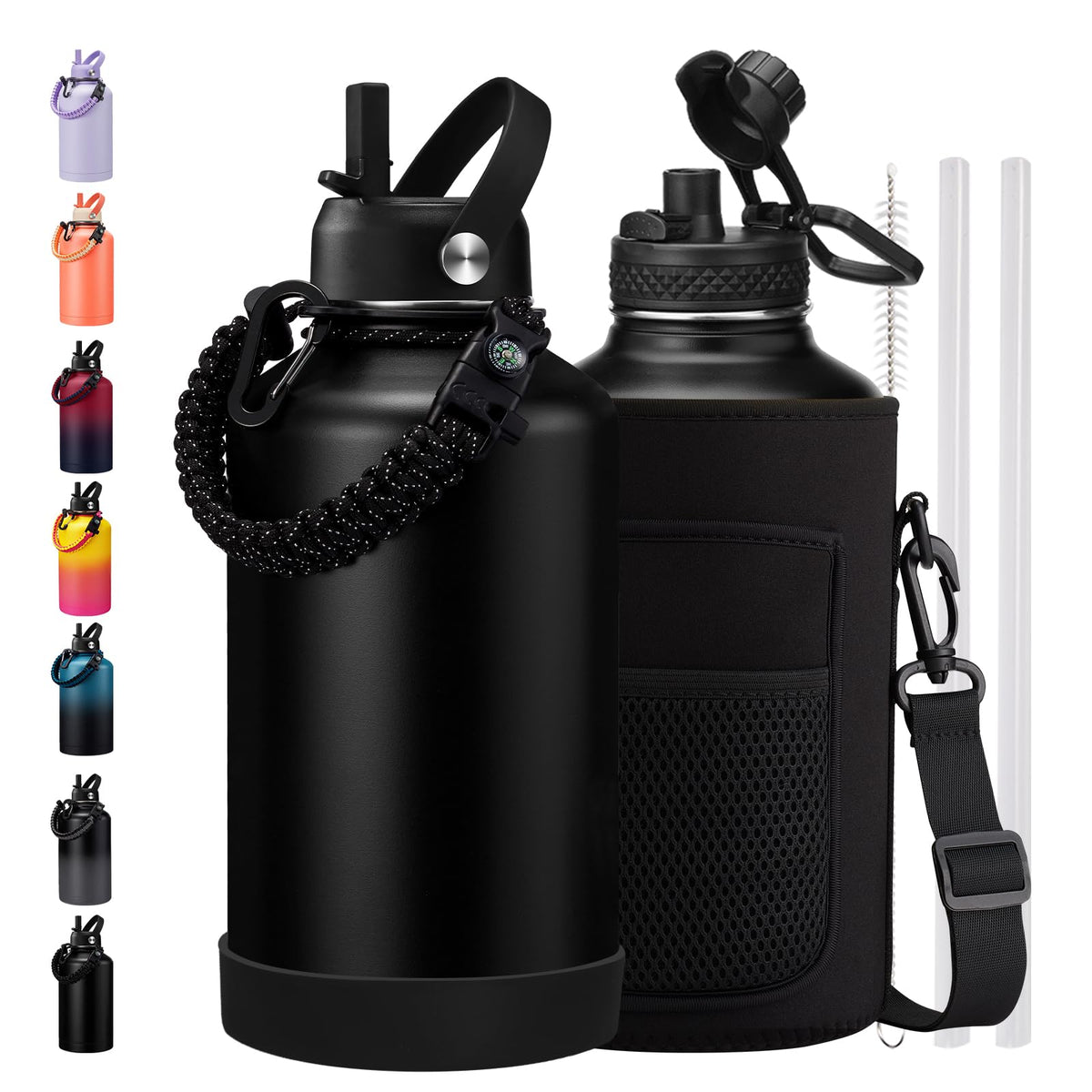 BENZZO 64 oz Water Bottle Insulated Leak Proof Travel Large 1/2 Half Gallon Water Jug Black for Christmas