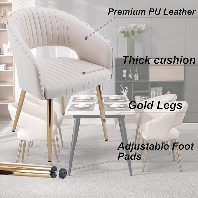 Modern Dining Chairs Set of 2, Upholstered PU Leather Gold Dining Room Chairs with Hollow Back, Accent Armrest Kitchen Chairs with Gold Legs for Living Room Cream