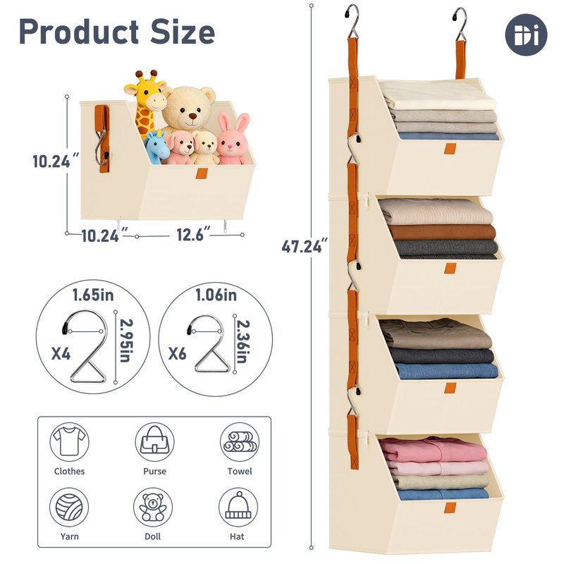 DIMJ Hanging Closet Organizer - 4 Tier Collapsible Hanging Shelves with Hooks Zipper, Fabric Clothes Organizer, Space-Saving Storage Bin Basket for RV, Bedroom, Laundry Organization