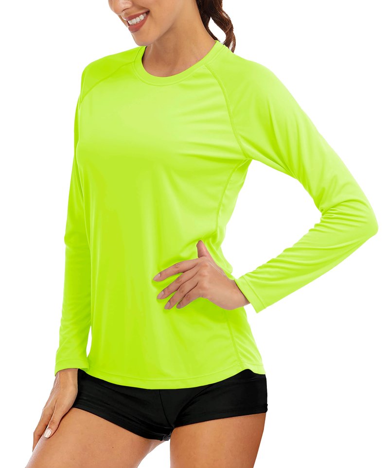 MAGCOMSEN Women's Plus Size Quick Dry Sun Protection Running Shirt - Long Sleeve Summer Top, Fluorescent Green