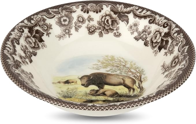 Spode Woodland American Wildlife Ascot Cereal Bowl - Bison Design, Fine Earthenware 8 Inch Bowl for Cereal, Salad, Ice Cream - Dishwasher, Microwave, Oven, Freezer Safe, Made in England