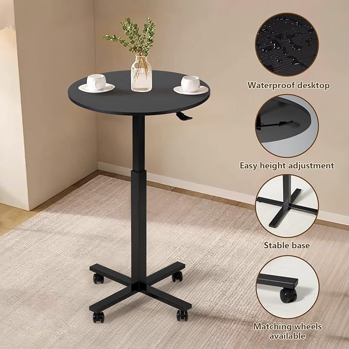 Round Cocktail Bar Table,Height-Adjustable Round Pub Table 23.8 Inches with Removable Wheel,Dual-Use for Kitchen, Coffee Bar, Pub, Office or Dining (Black), Set of 1
