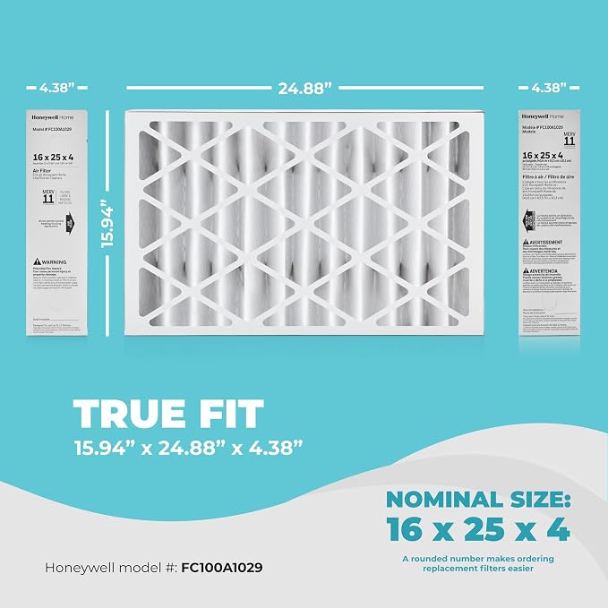 16x25x4 Air Filter Replacement MERV 11, FC100A1029 Pleated HVAC AC Furnace