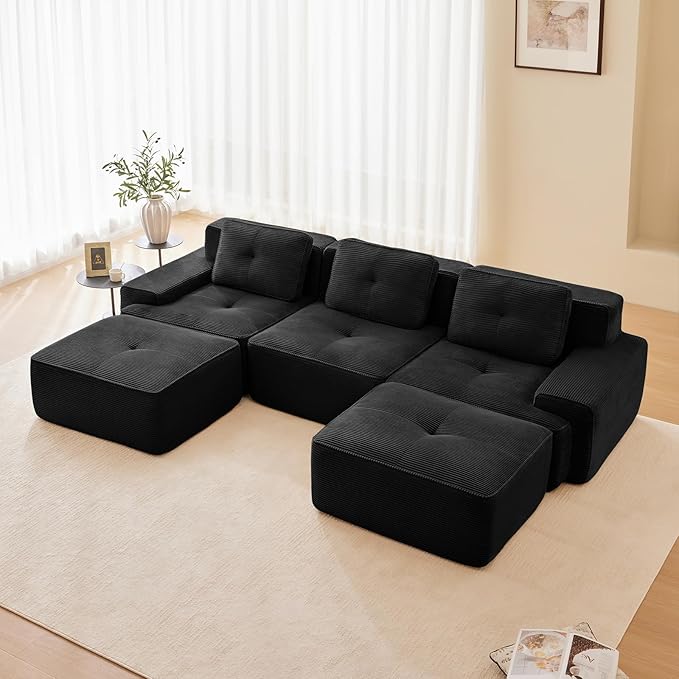 115" Modern Corduroy Cloud Sofa with Ottoman, U Shaped Boneless Modular Large Sectional Couches for Living Room, Black 3 Seater Compressed Memory Foam Couch, Extra Deep Seat, No Assembly