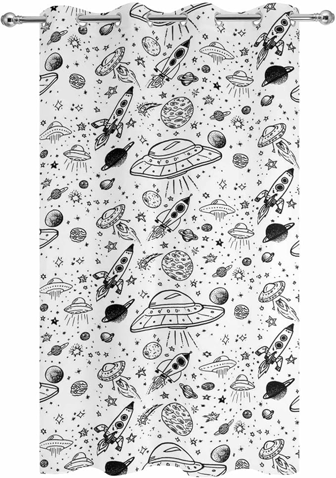 Cartoon Space Outdoor Curtains for Patio Rockets Astronauts Planets Black