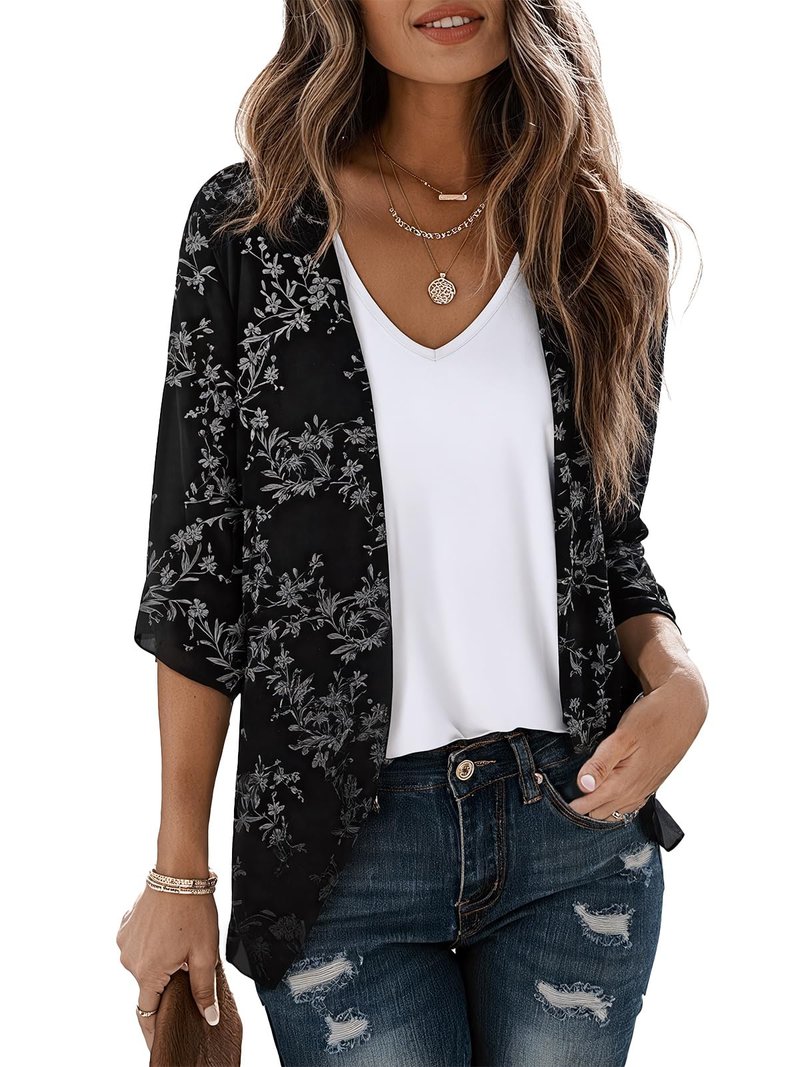 LILBETTER Womens Floral Chiffon Kimono Cardigans Loose Beach Cover Up Half Sleeve Tops(Black Leaves Large)