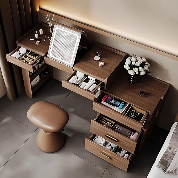 Mid Century Makeup Vanity - Solid Wood Vanity Set with Adjustable Makeup Stool and 5 Drawers, Storage Table Leg, Dressing Table Include Flip Makeup Mirror for Bedroom (Walnut Color,27.56'')