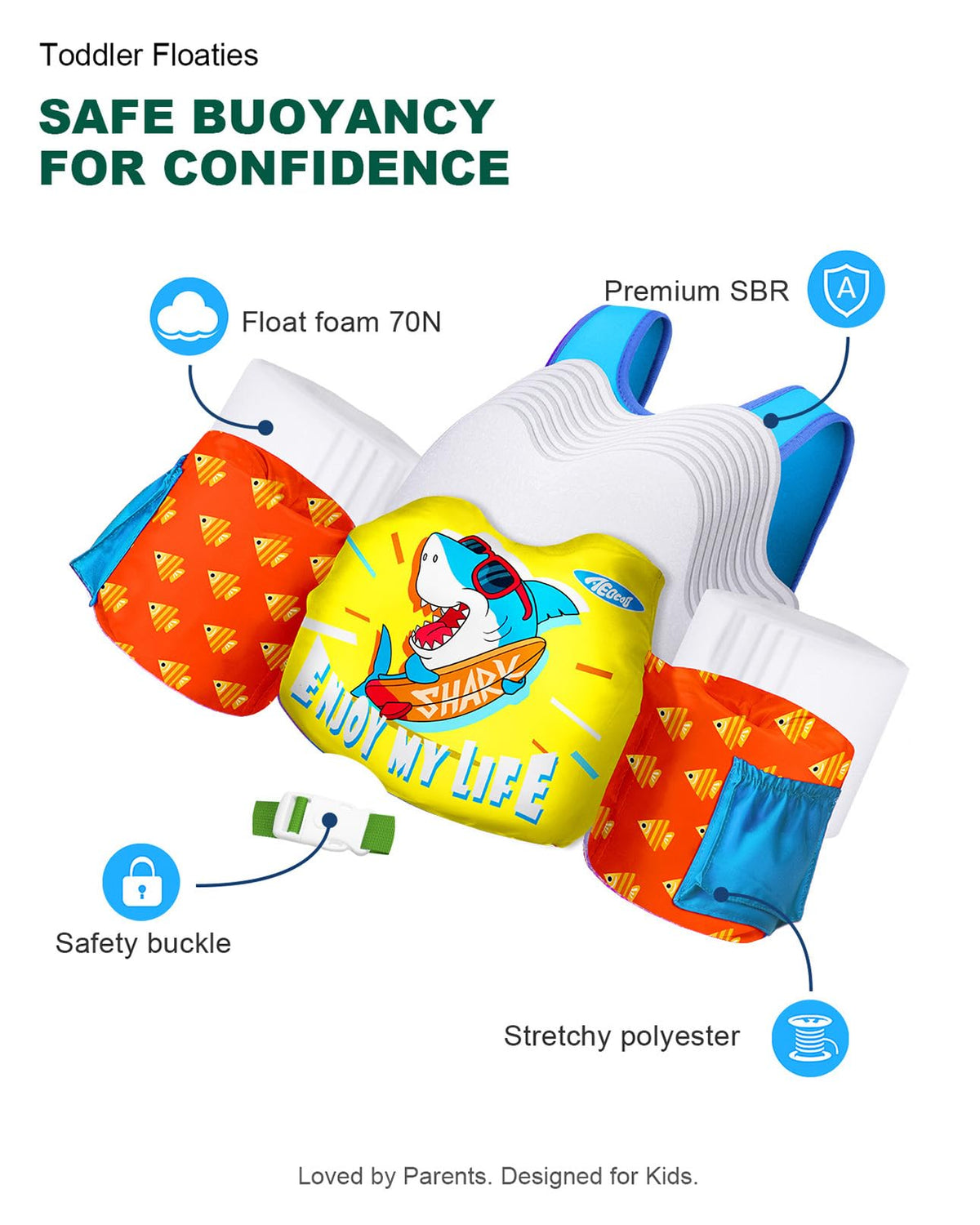 AEOCOO Puddle Float Jumper 20-30 Pounds, Toddler Swim Vest for 1-2 Years Old, Pool Floats with Swimming Arm Floaties Swim Jacket with Water Wings for Kids Swimmies, Boys, Girls, Niños, Shark