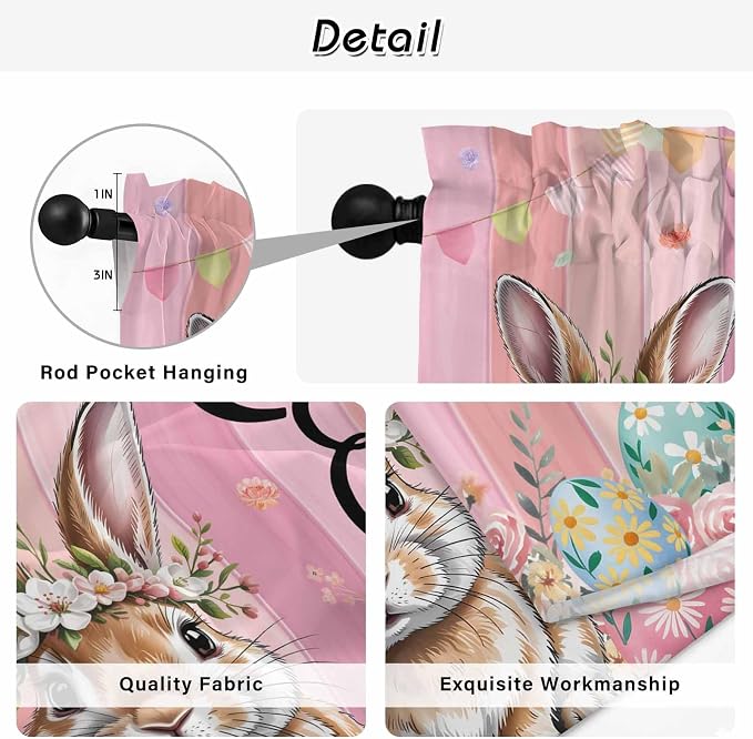 Easter Tier Curtains, Spring Rabbit Eggs Flowers Flags Leaves Wood Grain Light
