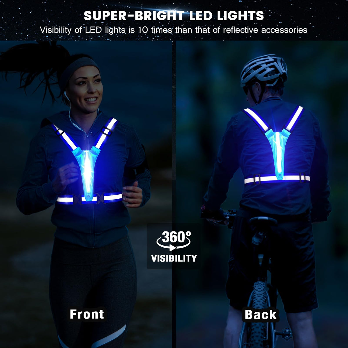 Fokia Kunbio LED Reflective Running Vest Gear,Light Up Vest Runners Night Walking USB Rechargeable,Up to 11hrs Light with Adjustable Waist/Shoulder for Women Men Kids (Blue)