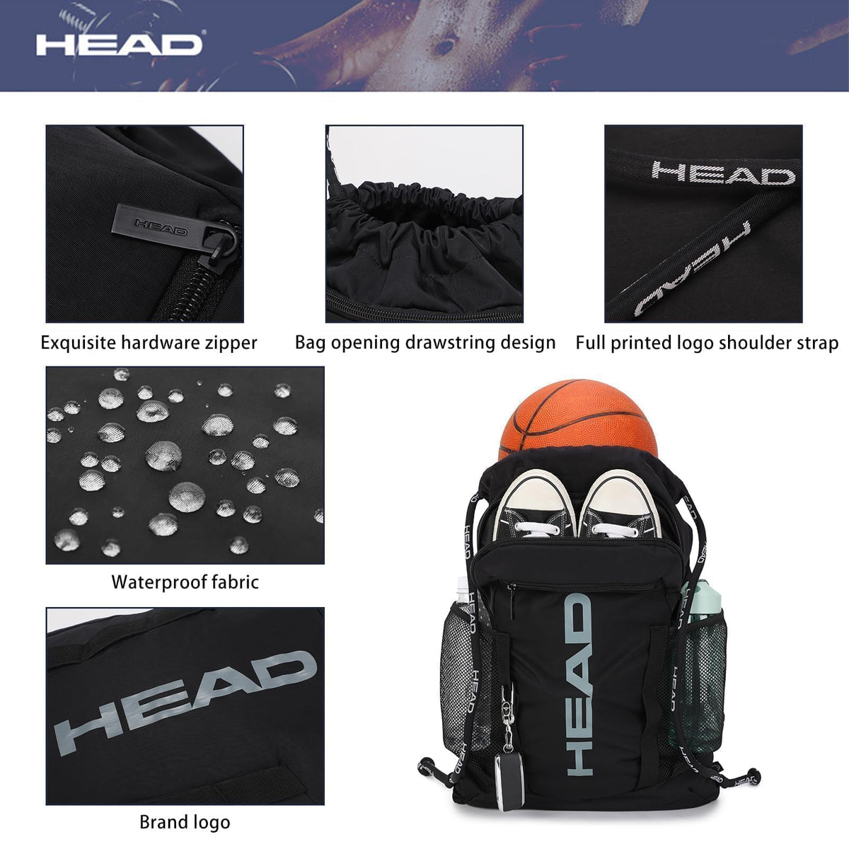 HEAD Men's Drawstring Backpack with Shoe & Phone Pocket,Bottle Holder