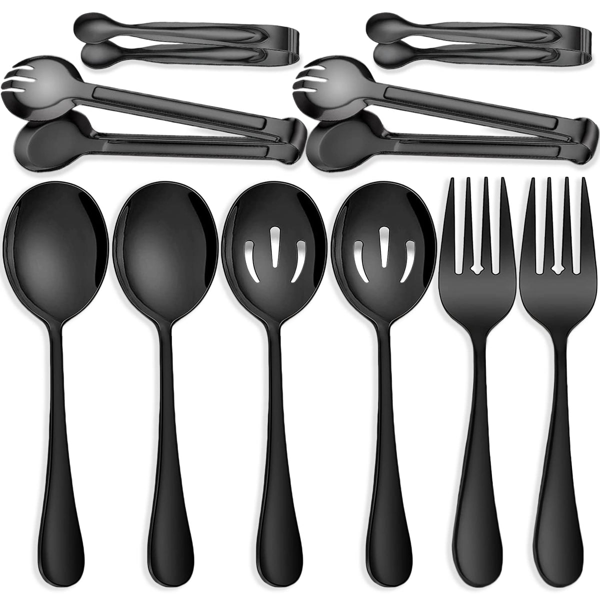IAXSEE 11 PCS Serving Utensils, Large Stainless Steel Spoons Forks Tongs, Pie Server, Great for Hostess Buffet Catering Banquet Party, Black