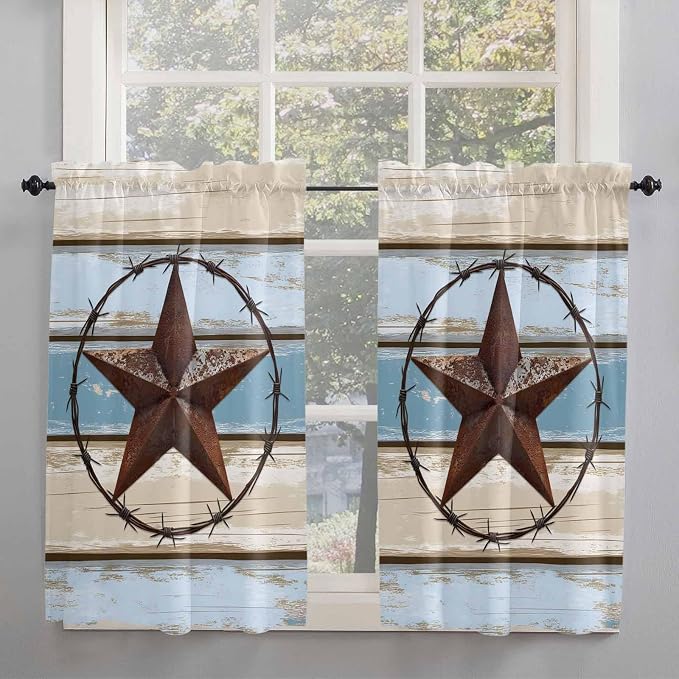 Vintage Western Star on Wood Grain Window Valance Curtains, Retro Wooden