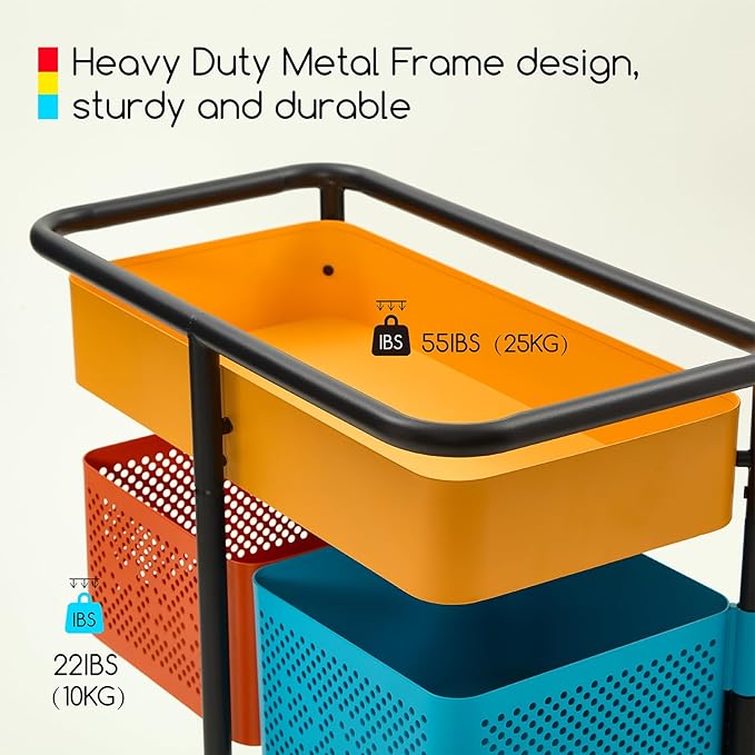 MEEDEN 3 Tier Rolling Utility Cart: Metal Heavy Duty Storage Cart Organizer with Wheels - Portable Tool Trolley for Home Office Kitchen