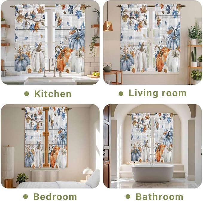 Thanksgiving Pumpkin Window Curtains 63 Inch Long 2 Panel Set, Rod Pocket
