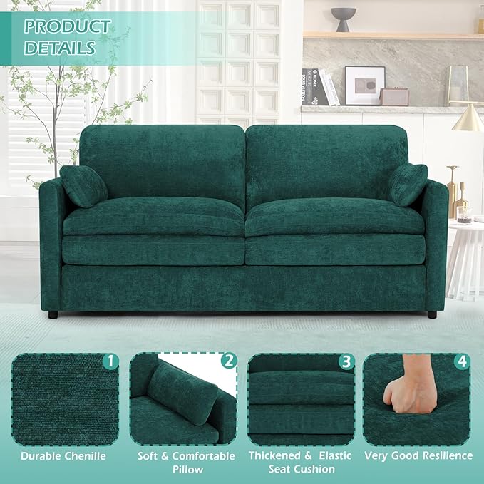 69” Chenille Loveseat Sofa w/Arm Pillows, Upholstered 2-Seater Sofa w/Comfortable Back Cushions, Modern 2 Seats Couch w/High-Density Foam for Living Room, Apartment, Office, Teal