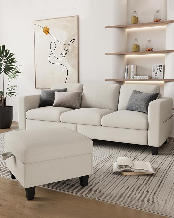 Sectional and Sofa Couches for Living Room, Linen 3-Seat L-Shaped Sofa with Storage Ottoman, Pet-Friendly Washable Fabric, Convertible Couches for Small Apartments, Bedroom, Office