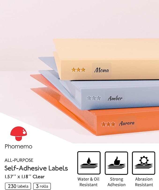 [3x230 pcs] Phomemo Thermal Label, 3 Rolls 1.57''x1.18'' (40x30mm) M110 M100 M220 M221 M120 M200,Transparent, 230 Labels/Roll, Multi-Purpose Adhesive Thermal Phomemo Original Label