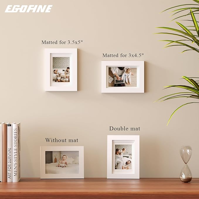 Egofine 4x6 Picture Frame Made of Solid Wood with Plexiglass, Display Pictures 3.5x5 with Mat or 4x6 Without Mat for Tabletop and Wall Mounting, White