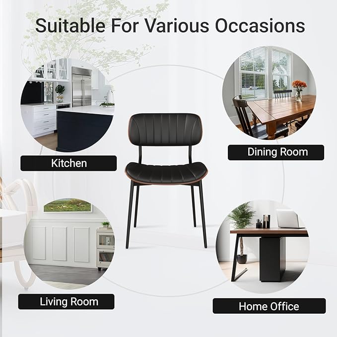 Mid Century Modern Dining Chairs Set of 6,Upholstered Faux Leather Kitchen Chairs with Walnut Bentwood Back and Metal Legs for Kitchen Dining Room Living Room, Black