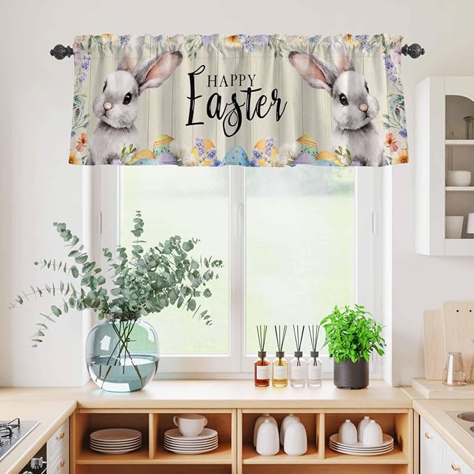 Easter Grey Bunny Kitchen Curtains Set 3 Piece
