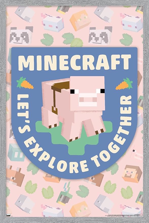 Trends International Minecraft - Let's Explore Together Wall Poster, 34L x 22.4W, Gray Framed Version