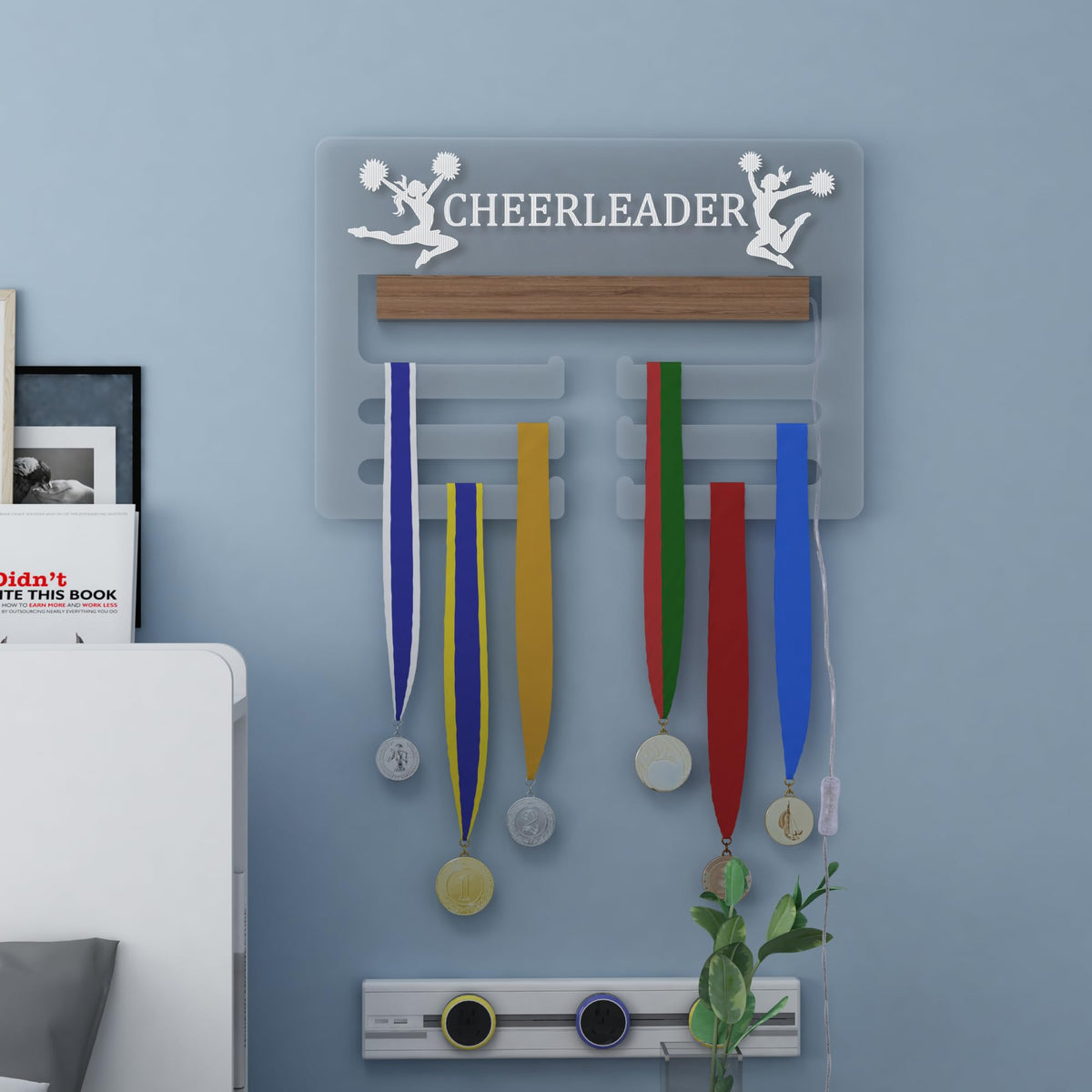 Ammonite Light up Cheerleader Medal Hanger Display, Holder Rack for Awards or Ribbons, Sports Themed Ribbon Holder for Wall, Tiered Award Rack