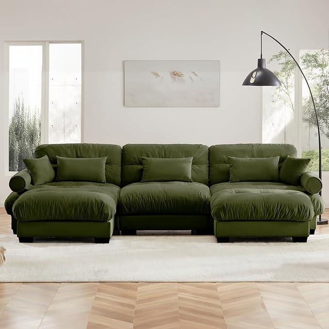 130"Oversized Couch, 3 Seater Modular Sectional Sofa, Olive Green Large U Shaped Sectional Couches for Living Room, Fluffy Couch Set, 3 Seater, Velvet Cloud Couches with Ottoman, Sofas for Living Room