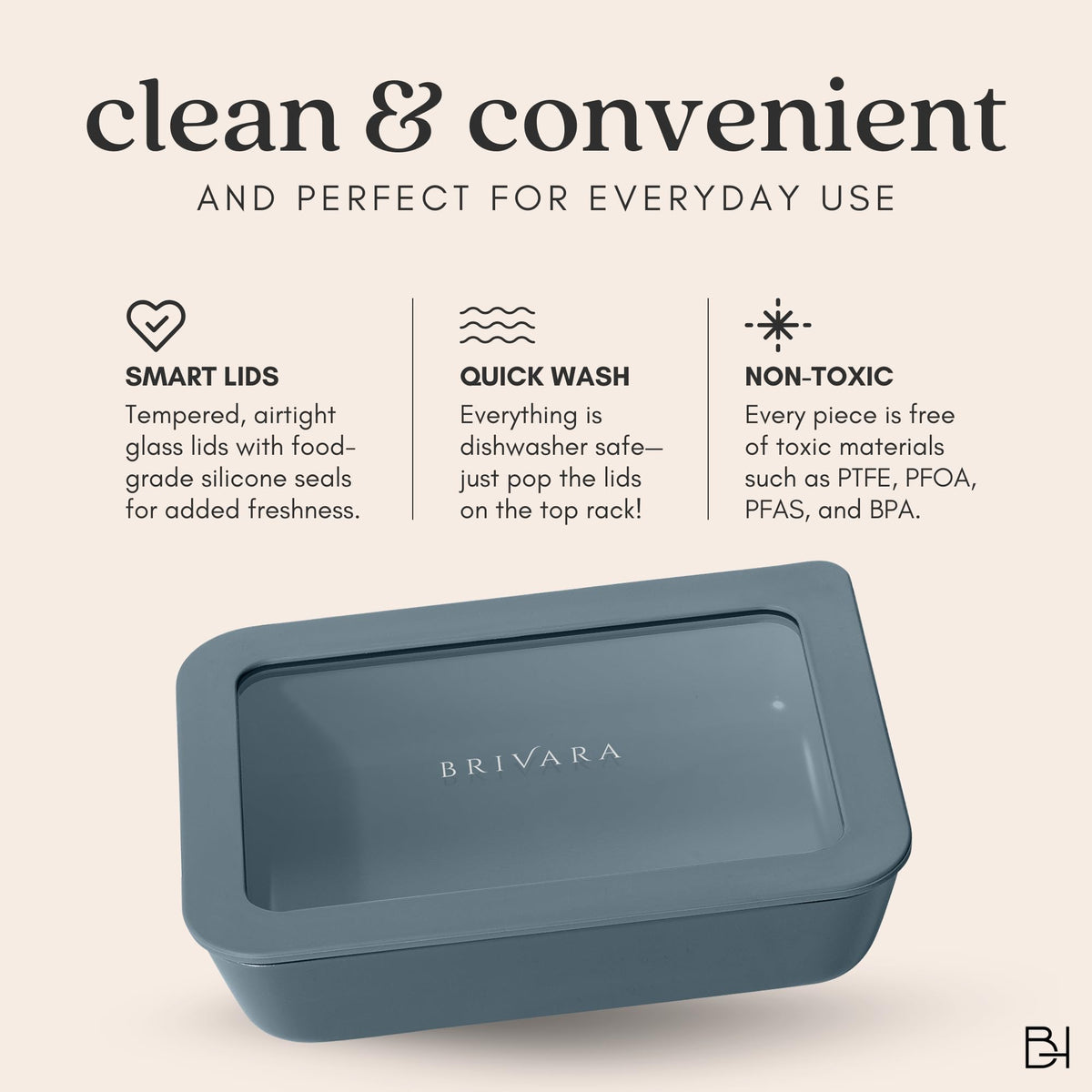 BRIVARA HOME Glass Food Storage Container with Lid, 8-Cup Large Square | Microwave-Safe Airtight Lid, Oven-Safe Ceramic-Coated Glass | Zero Plastic, No PFAS/PFOA/BPA, Reusable [Willow]