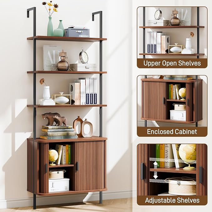 72" Tall Fluted Bookshelf, 4-Tier Open Display Ladder Shelf with Sliding Tambour Doors, Modern Wall Mounted Bookcase Cabinet with Metal Frame for Living Room, Bedroom, Home Office, Walnut
