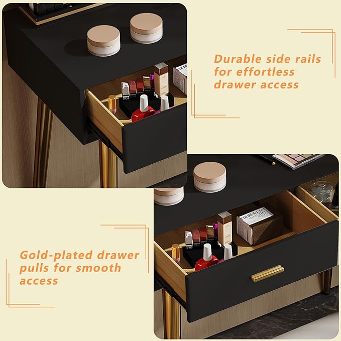 Vanity Desk with Adjustable Mirror and Lights, Makeup Vanity with 2 Drawers and Chair, Small Dressing Table with Leather Surface for Bedroom, 3 Lighting Modes (Black)