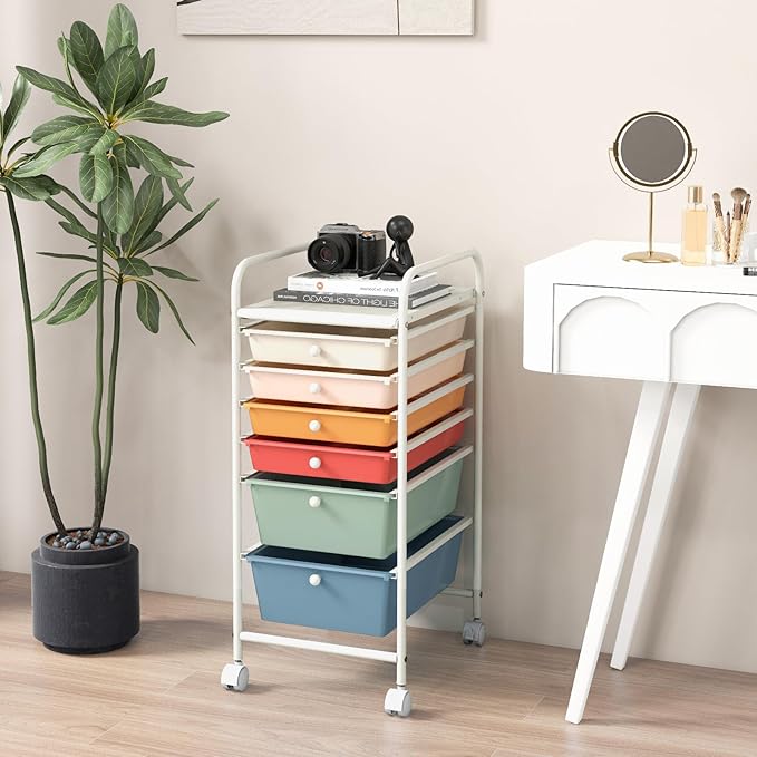 COSTWAY 6-Drawer Rolling Storage Cart, Multifunctional Art Craft Tools Organizer on Wheels, Heavy Duty Utility Mobile Storage Trolley w/ 2 Lockable Wheels for Home Office School, Macaron