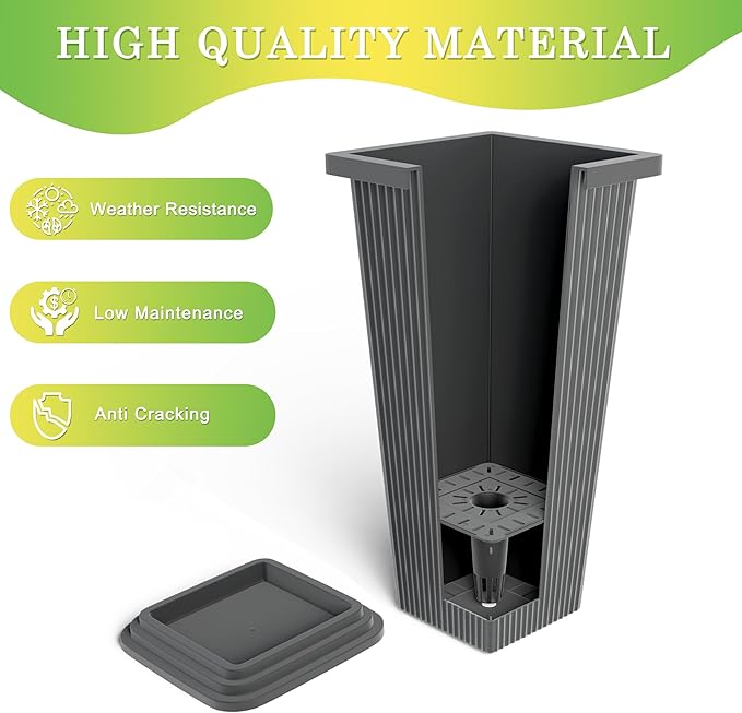 Set of 4 24" Tall Plastic Planters with Trays, Large Tapered Plant Pots for Indoor Outdoor Use, Modern Decorative Planters for Porch, Patio, Garden, and Backyard