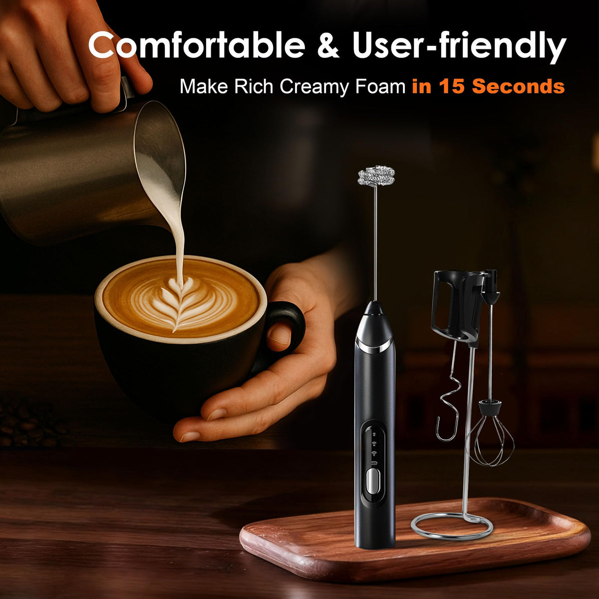 Rechargeable Milk Frother with Stand,Coffee Frother,Drink Mixer (Black)