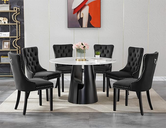 7-Piece Faux Marble Round Dining Table Set for 6, Modern Luxury Kitchen Table Set for 6 with Black Tufted Chairs,Circle Dining Tables with White Marble Grain Top and Black Pedestal Base